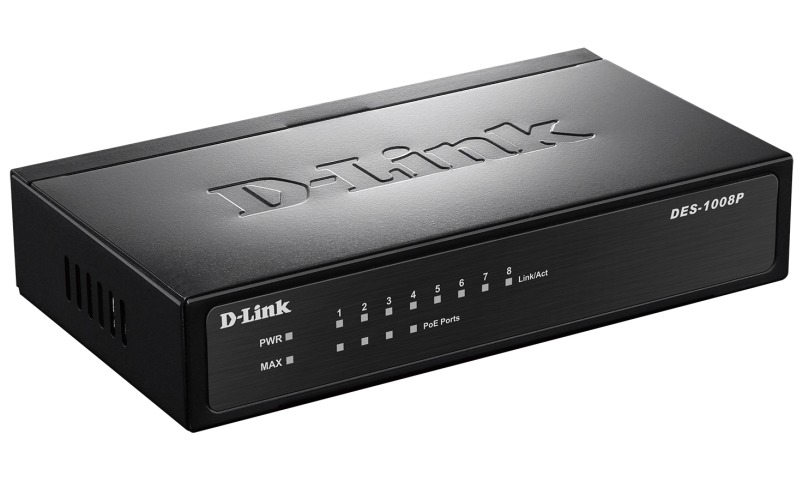 Коммутатор D-LINK DES-1008P, с 8 портами 10/100Base-TX (4 порта с поддержкой PoE + 4 порта без поддержки PoE)