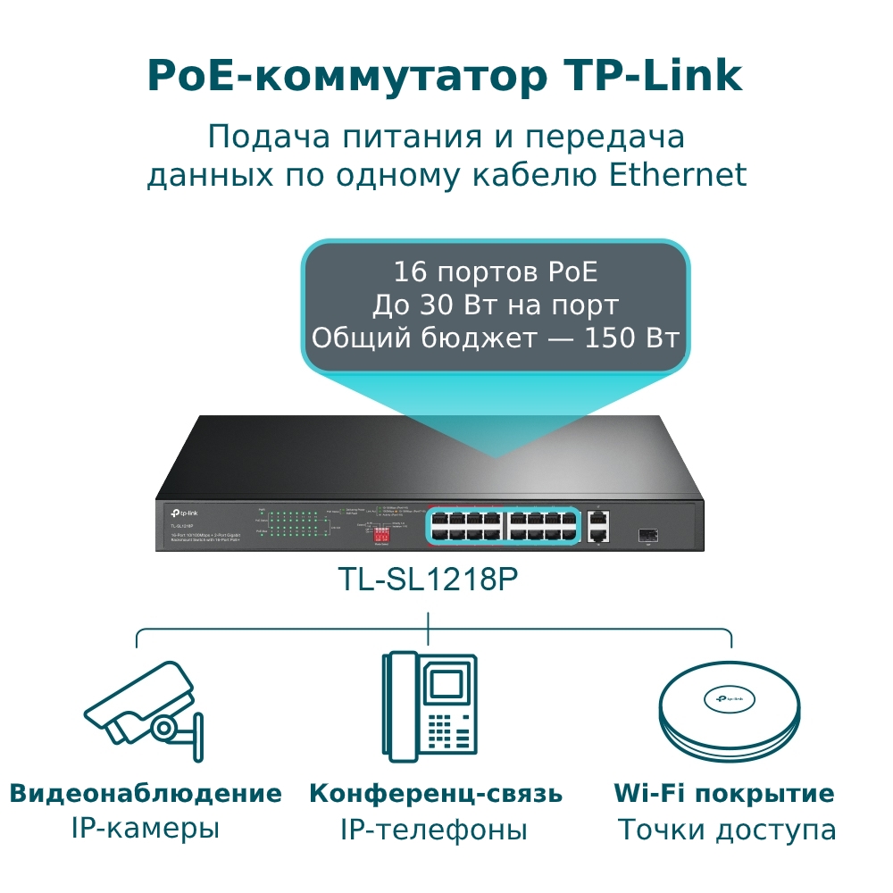 Коммутатор TP-LINK TL-SL1218P 18-портовый коммутатор с 16 PoE+ портами 10/100 Мбит/с и 2 гигабитными портами