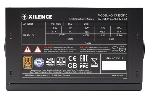 Блок питания XILENCЕ  550W Gaming series, XP550R10 (XN215), 80+ Bronze, APFC Fan: 120mm  20 + 4 pin, 4+4 pin CPU, 6 SATA, 6+2 pin*2 PCI-E