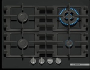 Поверхность газовая Bosch PNH6B6K40 (Serie4 / Чёрное стекло / Чугун. решетки / 4 конфорки (1,0/1,75/1,75/3,3кВт WOK) / Газ-контроль / Электроподжиг)