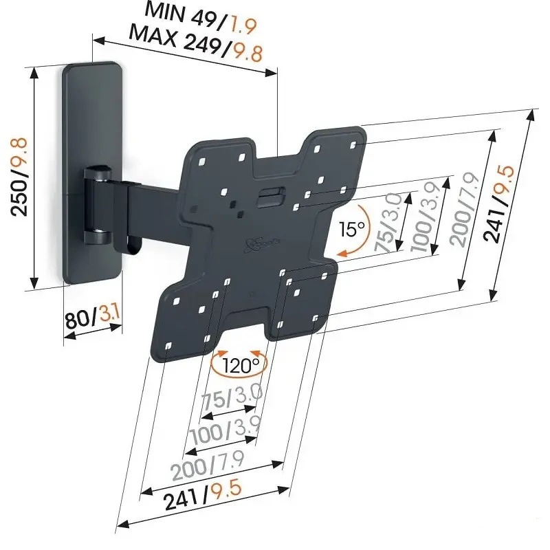 Кронштейн для ТВ VOGEL'S TVM 1223 чёрный, для 19"-43", наклон 15°, поворот 120°, нагрузка до 25 кг, расстояние до стены 49 - 249 мм, QUICK