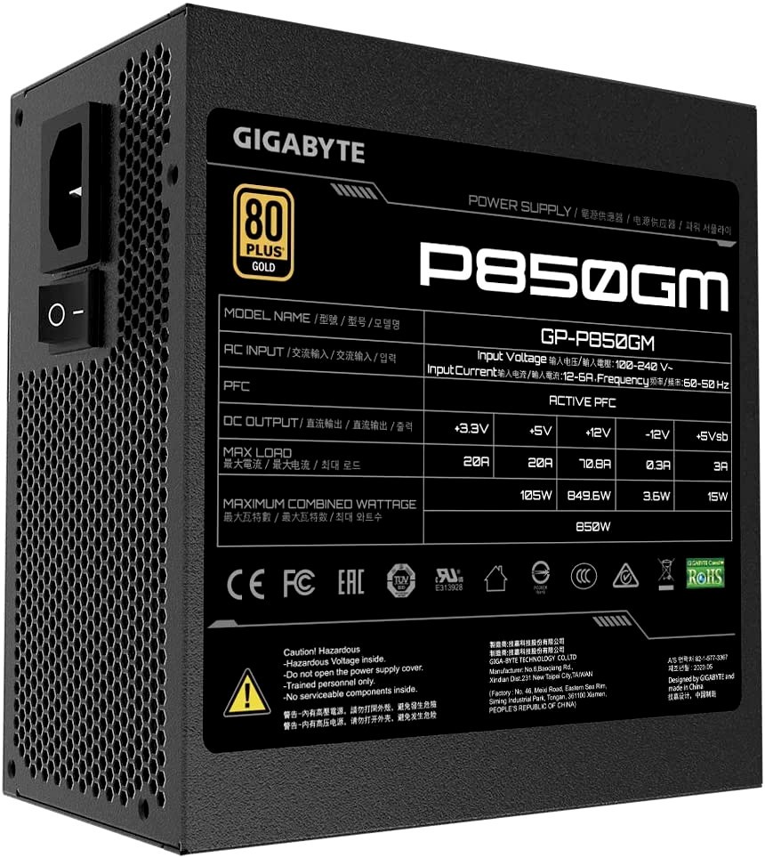 Блок питания Gigabyte 1000W GP-P1000GM  ATX12V 2.31, активный PFC, вентилятор 120x120 мм, cертификат 80 PLUS Gold, отстегивающиеся кабели
