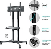 Мобильная стойка для ТВ ONKRON TS1351 чёрный, для 32"-65", нагрузка до 50 кг, регулировка высоты - 1200 - 1500 мм