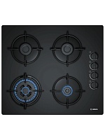 Поверхность газовая Bosch POH6B6B10 (Serie2 / Чёрное стекло / Стальные решетки / Газ-контроль / Электроподжиг / WOK / 4 конфорки)