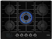 Поверхность газовая Haier HHX-G75CWSB (Чёрное стекло / Ширина -70см / чугун.решетки / 5 конфорок (1,75/1,0/1,75/3,0/3,8WOK кВт) / газконтроль /Таймер)