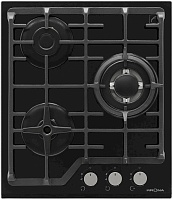 Поверхность газовая KRONA CORNIOLA 45 BL (Узкая, 45 см / Чёрный / 3 конфорки /1,7 кВт / 3,8 кВт / 1 кВт / закаленное стекло / чугун. реш.)