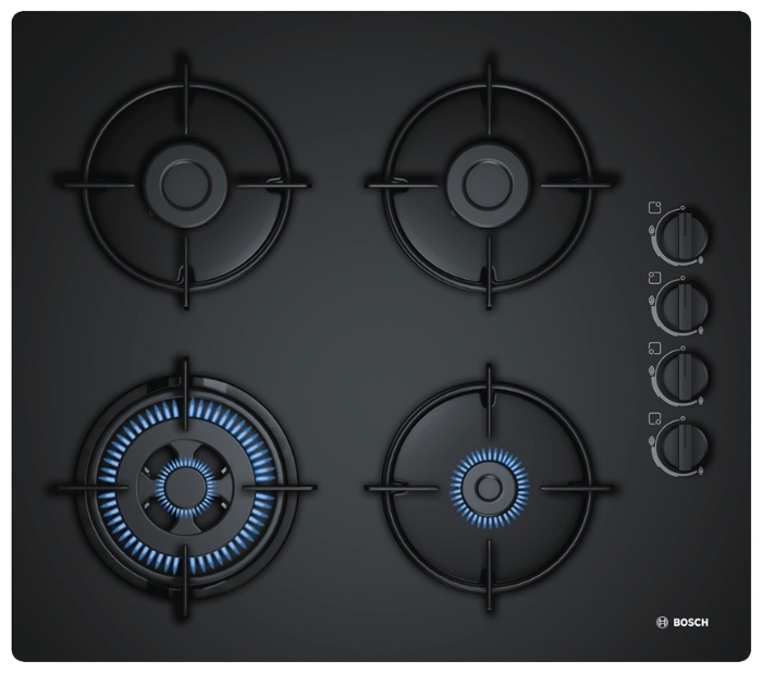 Поверхность газовая Bosch POH6B6B10 (Serie2 / Чёрное стекло / Стальные решетки / Газ-контроль / Электроподжиг / WOK / 4 конфорки)