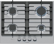 Поверхность газовая Bosch PCP6A5I90 (Serie6 /Нерж. сталь / чугун. решетки / 4 конфорки (1,75/1,0/1,75/3,0кВт) / электроподжиг/ газконтр. /FlameSelect) Нержавеющая сталь