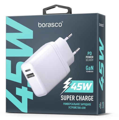 Сетевое зарядное устройство Borasco Super Charge (Power Delivery/ Quick Charge/ GAN/ 45W) белое-0