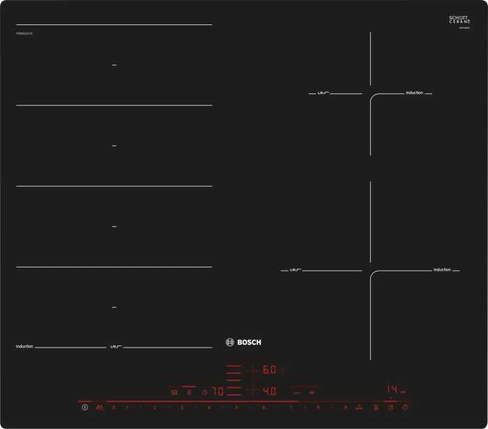 Поверхность индукционная Bosch PXE601DC1E (Serie8/ Чёрная стеклокерамика/ 4 конфорки/QuickStart/PowerBoost/ReStart/PerfectFry Plus/ Таймер / 7,4 кВт)