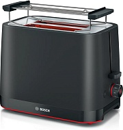 Тостер Bosch TAT3M123 (950 Вт/ тостов - 2/ подогрев, размораживание, решетка для подогрева булочек, поддон для крошек/ чёрный) 