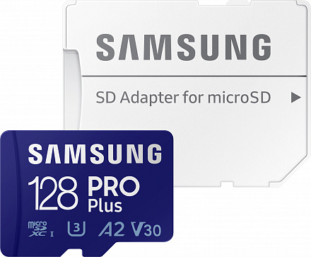 Память micro Secure Digital Card 128Gb Samsung PRO  Plus 180/130 Мбайт/сек U3, V30, A2,  / с адаптером SD [MB-MD128SA/CN/MB-MD128KA