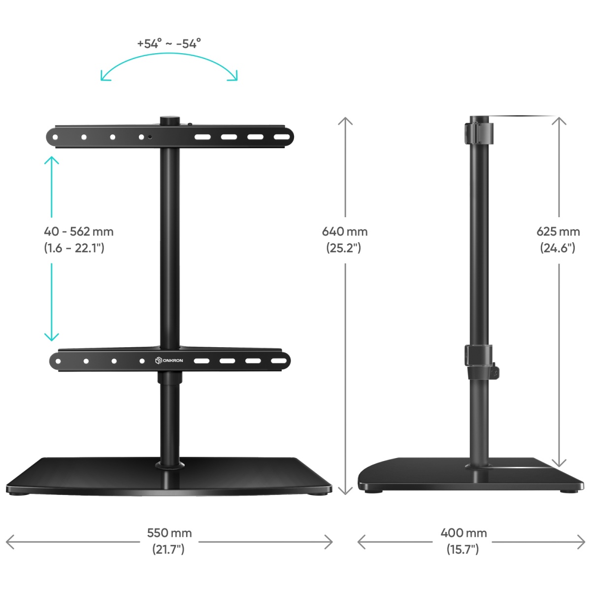 Подставка для ТВ ONKRON PT3 чёрный, для 32"-75", поворот 54°,нагрузка до 40 кг,штанга 62 см,вертикальное перемещение 4-56,2 см, основание 50*40*0,1 см
