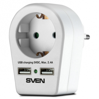 Сетевой фильтр SVEN SF-S1U, 1 розетка, 2 USB порта 2,4 А, ток нагрузки - 16 А, нагрузка - 3600 Вт, белый