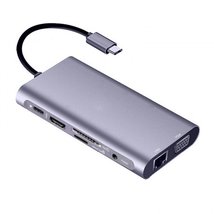 Док-станция/Сетевой адаптер USB 3.1 Type-C KS-is KS-701 (RJ45 1Гбит/с, 3xUSB 3.0 Type-A, 1xUSB 3.0 Type-C, 4K HDMI, VGA, CardReader SD/TF, 3.5mm Jack)