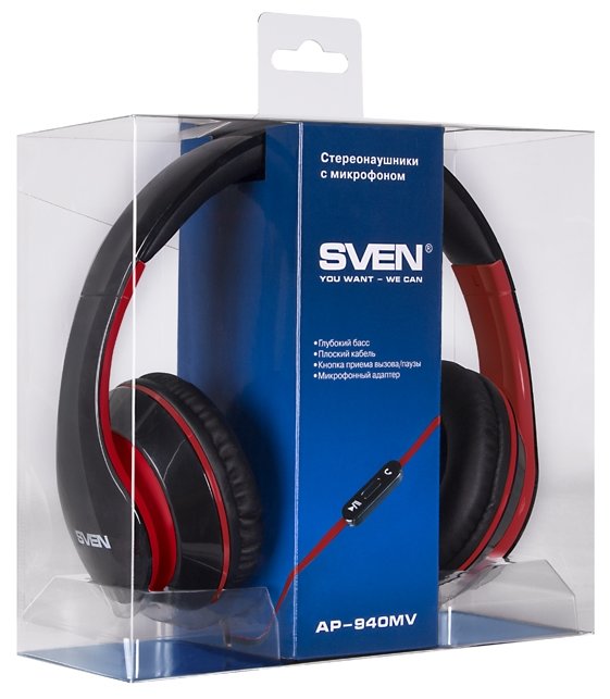 Наушники с микрофоном SVEN AP-940MV (регулятор громкости, регулируемое оголовье) 3pin/4pin black/red