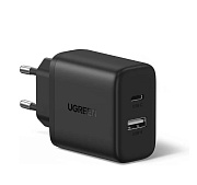 Сетевое зарядное устройство Ugreen X227 (USB-A+USB-C/3A/20W/быстрая зарядка/чёрное) Чёрный