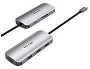Мультифункциональный хаб 7-в-1 Vention (TOJHB) (USB 3.1 M / OTG USB 3.0 F x 3 / HDMI 19F / USB Type C F / TF F / SD F /) серый