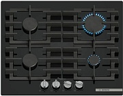 Поверхность газовая Bosch PPP6A6I40 (Serie6 / Чёрное стекло / чугун. решетки / 4 конфорки (1,75/1,0/1,75/3,0кВт) / электроподжиг/ газконтр.)