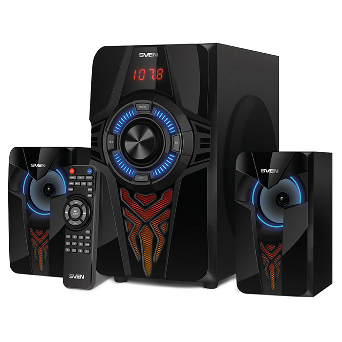 Акустическая система 2.1 SVEN MS-2070 / 60W / Питание 220В / Bluetooth / USB / SD / FM / ПДУ / Подсветка / Чёрный / Корпус - дерево 