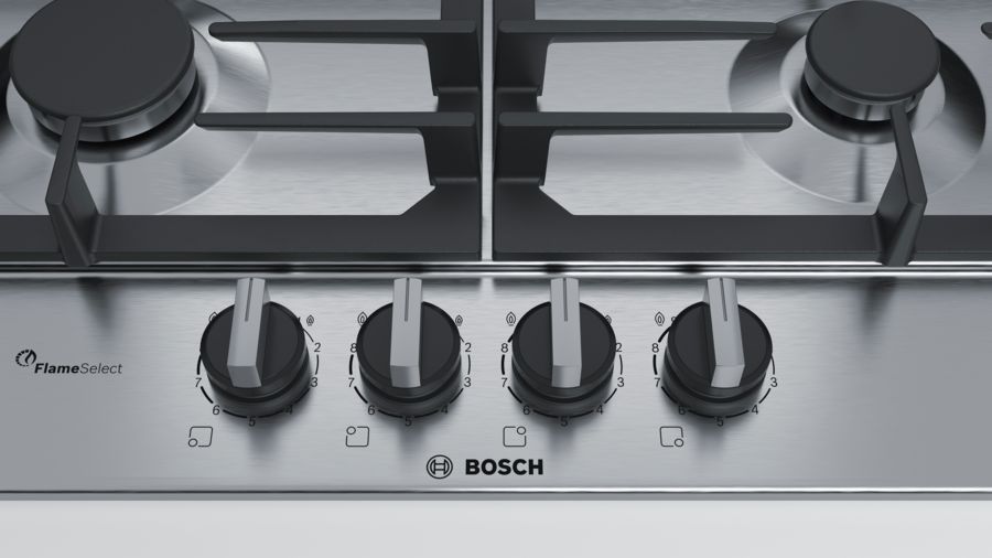 Поверхность газовая Bosch PCH6A5B90 (Serie6 / Нерж. сталь / Чугунные решетки / Газ-контроль / Электроподжиг / FlameSelect / 4 конфорки)
