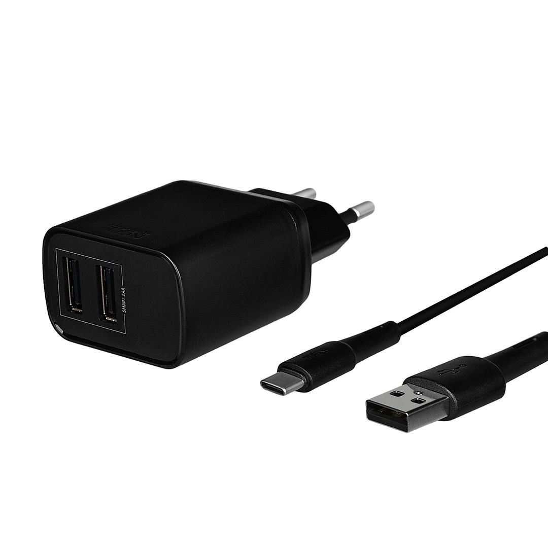 Сетевое зарядное устройство TFN WCRPD12W2U03 + кабель Type-C (2 USB+кабель USB Type-C/2.4A/12W/Smart IC) черное-0