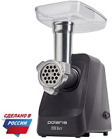 Мясорубка Polaris PMG 2050 RUS (2000 Вт / 2.5 кг/мин / корпус - пластик / лоток - пластик / реверс / 5 насадок / серый)