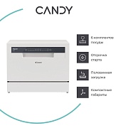 Машина посудомоечная отдельностоящая компактная Candy RAPIDO` CP 6F51LW-08 (6 комплектов / Расход воды - 6,5 л / Белая) Белый