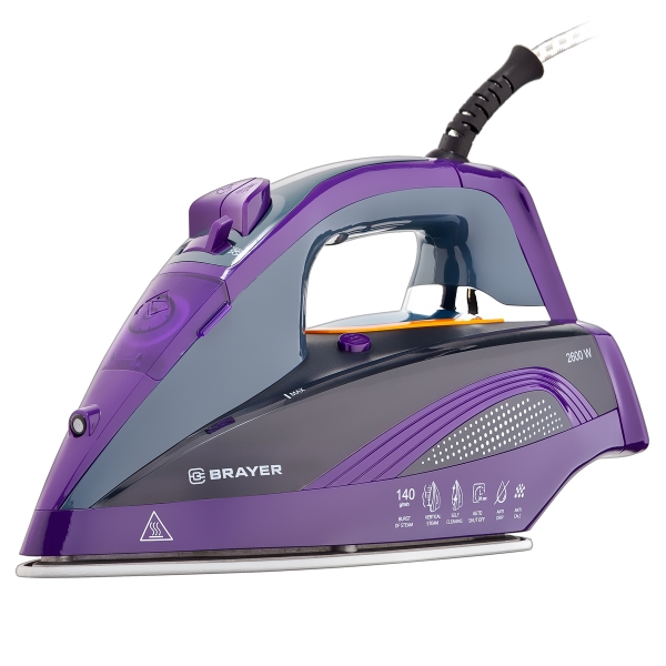 Утюг Brayer BR4001 черный/фиолетовый (2600 Вт/ подошва - керамика / паровой удар - 140 г/мин/ 1,9 м/ автоотключение)-0
