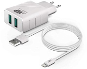 Сетевое зарядное устройство Borasco, (2*USB/2,4A + кабель Lightning, 1м), Белое