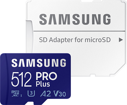 Память micro Secure Digital Card 512Gb Samsung PRO  Plus 160/120 Мбайт/сек U3, V30, A2,  / с адаптером SD [MB-MD512KA/CN]