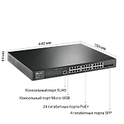 Коммутатор TP-LINK TL-SG3428MP JetStream 28‑портовый гигабитный управляемый коммутатор уровня 2+ с 24 портами PoE+, 4 гигабитных SFP-слота (PoE 384Вт) 