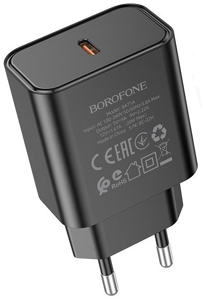 Сетевое зарядное устройство Borofone BA71A (Type-C 3.0A QC3.0 PD 20W), черное)-0