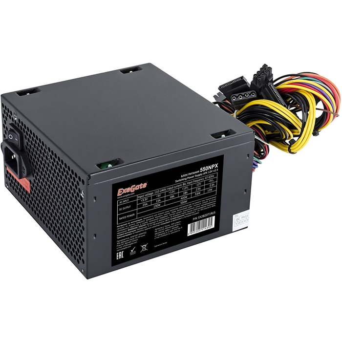 Блок питания ExeGate  550W 550NPX ATX (сетевой кабель в комплекте), 12cm fan, 24p, 4p, PCIe, 3SATA, 2IDE, FDD, black EX282071RUS-PC