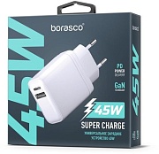 Сетевое зарядное устройство Borasco Super Charge, (USB/Type-C/45W/GAN/PD/QC), Белое