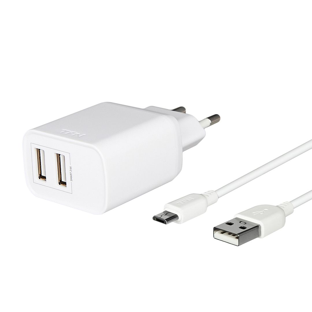 Сетевое зарядное устройство TFN-WCRPD12W2U02 + кабель MicroUSB (2 USB/2,4A/белый) кабелем MicroUSB-0