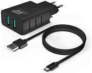 Сетевое зарядное устройство Borasco, (2*USB/2,4A + кабель Type-C, 1м), Черное