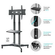Мобильная стойка для ТВ ONKRON TS1351 чёрный, для 32"-65", нагрузка до 50 кг, регулировка высоты - 1200 - 1500 мм Чёрный