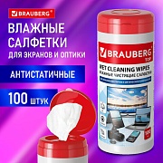 Салфетки BRAUBERG для экранов всех типов и оптики ТОП, 13х17 см, туба 100 шт., влажные, 513812 