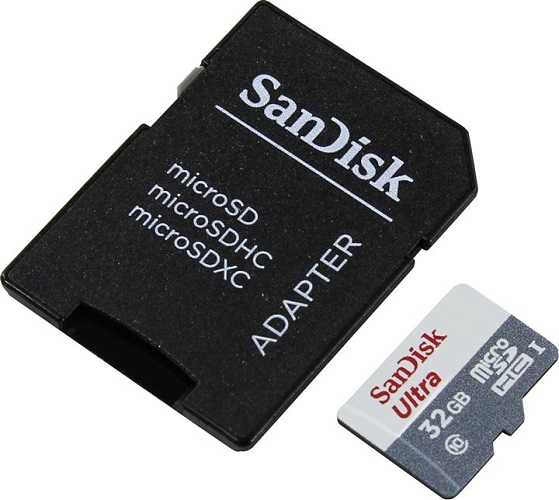 Память micro Secure Digital Card  32Gb class10 SanDisk 80MB/s Ultra  UHS-I с адаптером SD [SDSQUNR-032G-GN6TA]