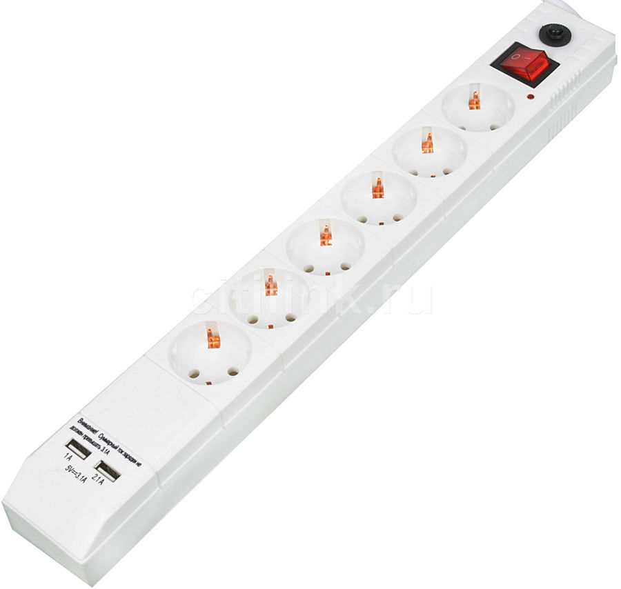 Сетевой фильтр Buro BU-SP1.8_USB_2A-W, длина - 1,8 метров, 6 розеток, 2 USB порта 2,1 А/1 A, ток нагрузки - 10 А, нагрузка - 2200 Вт, белый