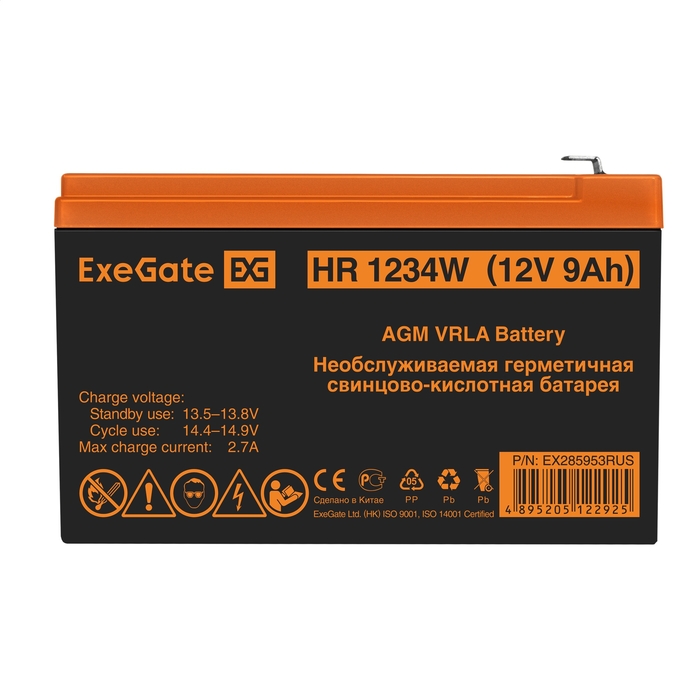 Батарея 12V/ 9,0Ah ExeGate HR1234W, клеммы F2 срок службы 10-12лет EX285953RUS