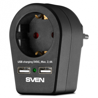 Сетевой фильтр SVEN SF-S1U, 1 розетка, 2 USB порта 2,4 А, ток нагрузки - 16 А, нагрузка - 3600 Вт, чёрный