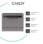 Машина посудомоечная отдельностоящая компактная Candy RAPIDO` CP 6F51LS-08 (6 комплектов / Расход воды - 6,5 л / Серая) Серый
