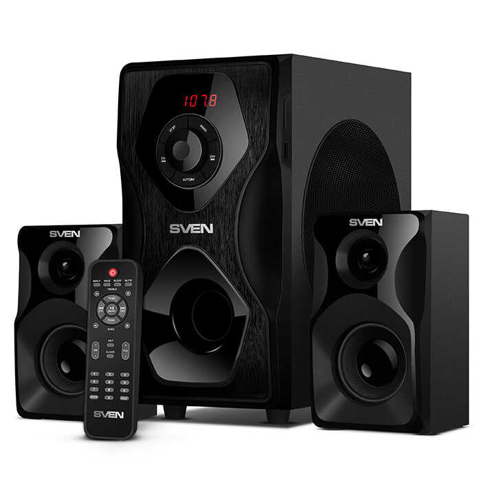 Колонки 2.1 SVEN MS-2055 / 55W / Питание 220В / Bluetooth / USB / SD / FM / ПДУ / Чёрный / Корпус - дерево (MDF)