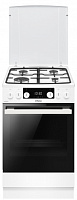Плита комбинированная Hansa FCMW58329 (Белый / духовка - 65 л / 4 газовые конфорки / чугун. решетка / металл. крышка / электроподж. / газконтроль)