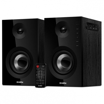 Колонки 2.0 SVEN SPS-721 / 50W / Питание - 220В / Аудиовыход на наушники / Bluetooth  / USB/ SD / ПДУ / Чёрный / Корпус - дерево (MDF) 