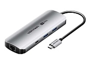 Мультифункциональный хаб 9-в-1 Vention (TQMHB) (USB 3.1 M / OTG USB 3.0 F x 2 / HDMI 19F / RJ45 F / USB-C 3.2 Gen1 F / USB-C PD / TF F / SD F) серый