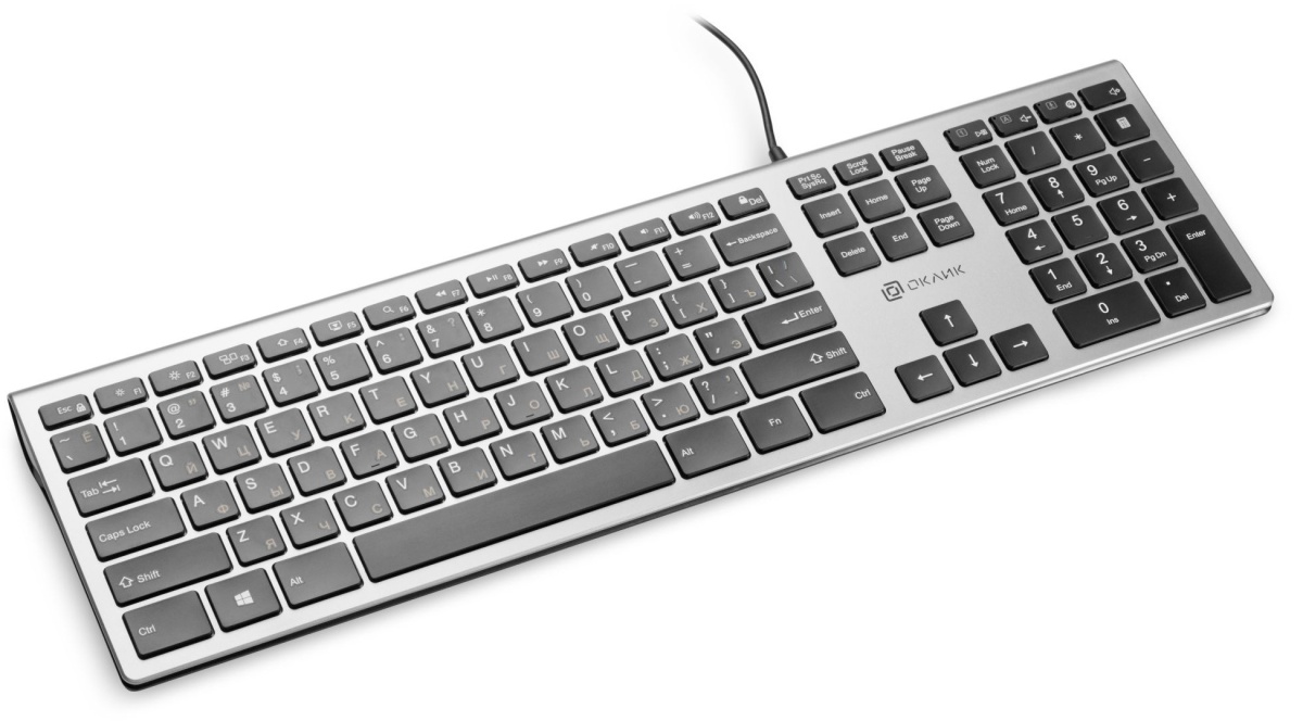 Клавиатура Oklick 890S, 1.6м, ножничная, Slim, USB, русские буквы оранжевые, 1.6м.