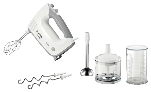 Миксер Bosch MFQ 36480 (450Вт/ ручной/ скоростей 5/ корпус пластик/ насадок 4 + блендер и измельчитель/ турборежим/ белый)-0